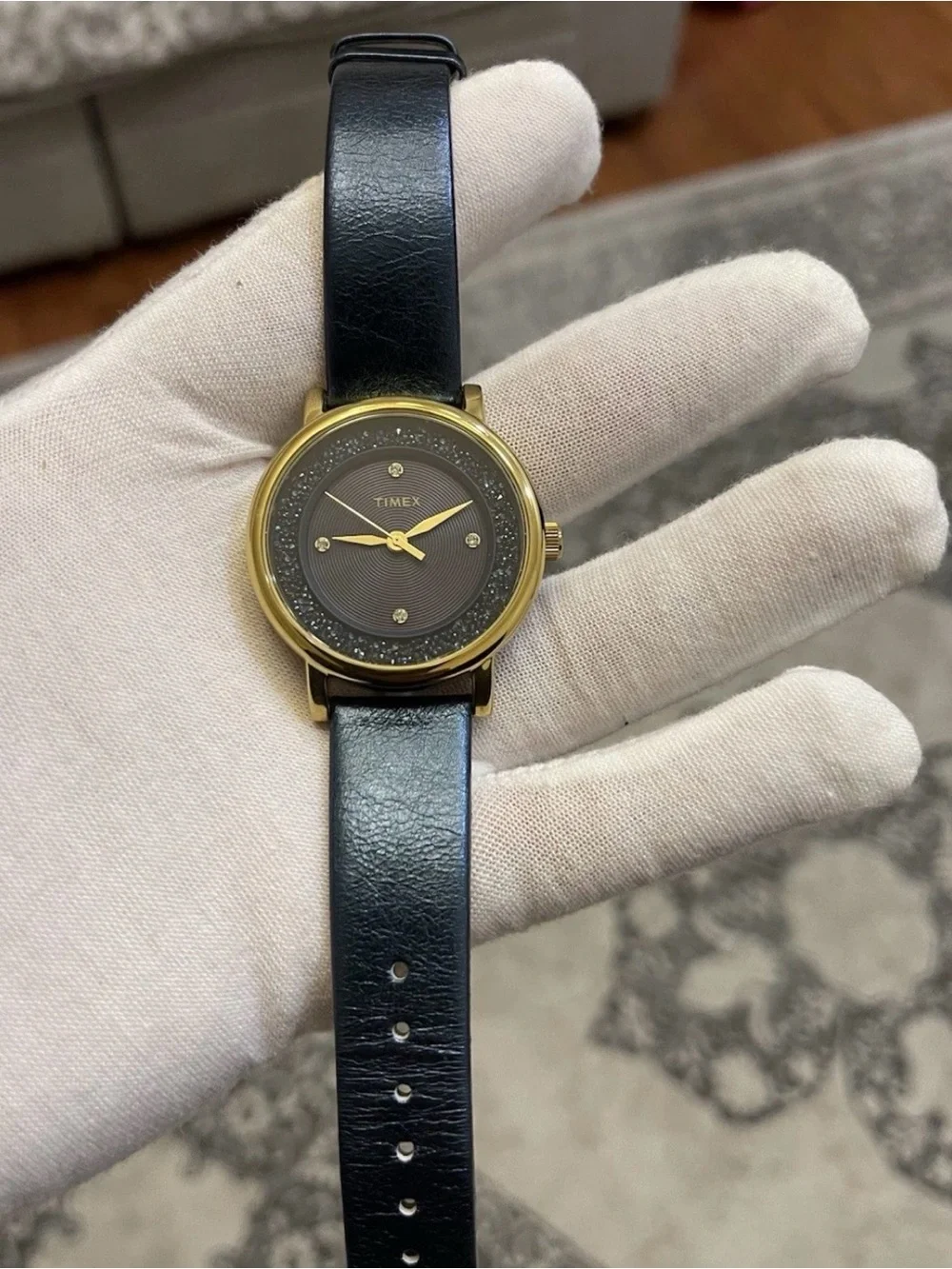 Timex Ladies Quartz Watch Gold Tone Blue Radiant Crystal Accent Dial TW2R93100